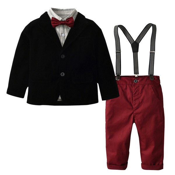 2-7 Years Boys Suits For Weddings Costume Blazer Kids Suits 4PCS Bow + Shirt + Coat + Pants Children Sets Black Red Grey