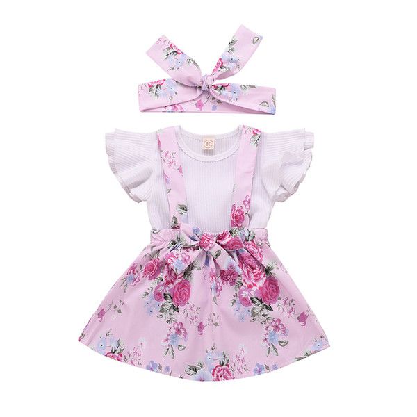 Toddler Girl Suspender Skirt Set Infant Baby Ruffles Tops Overall Floral Skirt Clothing Sets 3pcs set