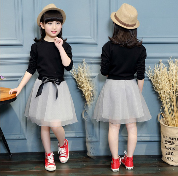 2017 children spring clothing set long sleeve black T-shirt+mesh skirts 2pcs set girls outfits big girl dress outfit girl's clothing ZJ17-3
