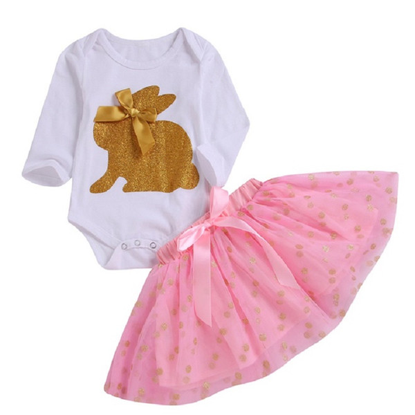 Children Suit Long Sleeve Girls Baby Mesh Skirt Shorts Solid Color Round Neck Short Skirt Bow Tie Easter Rabbit Print Suit 61