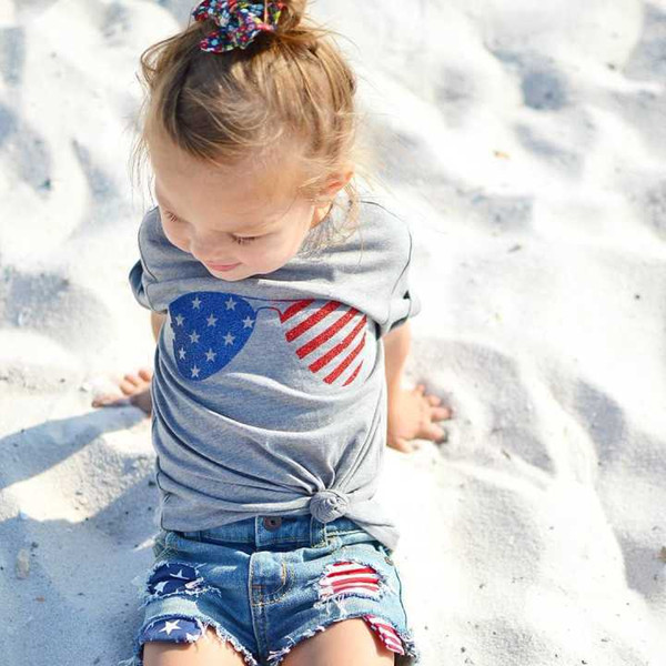 Fashion Fourth of July Baby Clothes Girls Kids Clothing Glasses T-shirts Denim shorts Set 2pcs Outfits Toddler Kids Clothing Set A9575