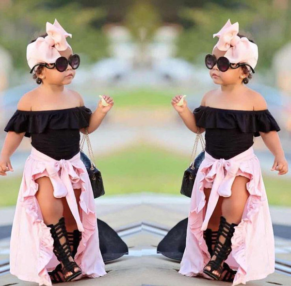 Girls Clothing Sets Summer 4pcs Kids Baby Girls Off Shoulder Top T-shirt shorts Skirt Headband Outfits Set