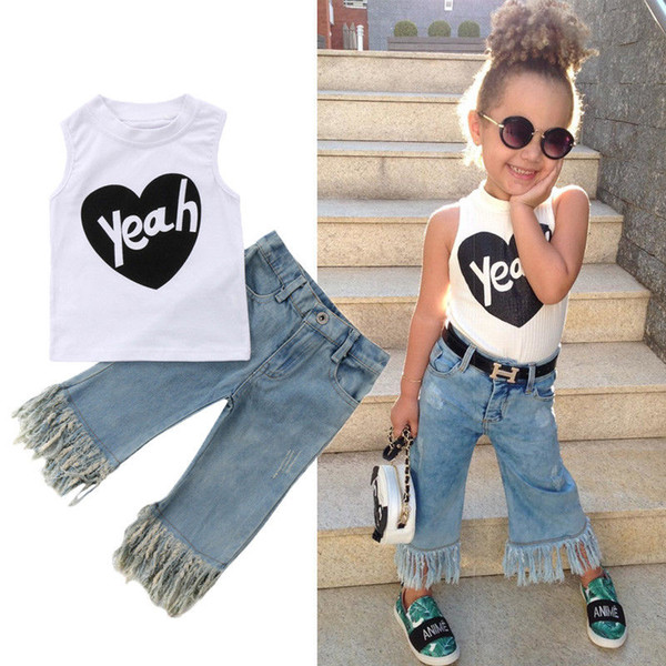 Fashion Toddler Baby Kids Girl Vest Top 2PCS T Shirt+ Jeans Denim Pants Outfits Set Casual Pop Clothes 1-5Y