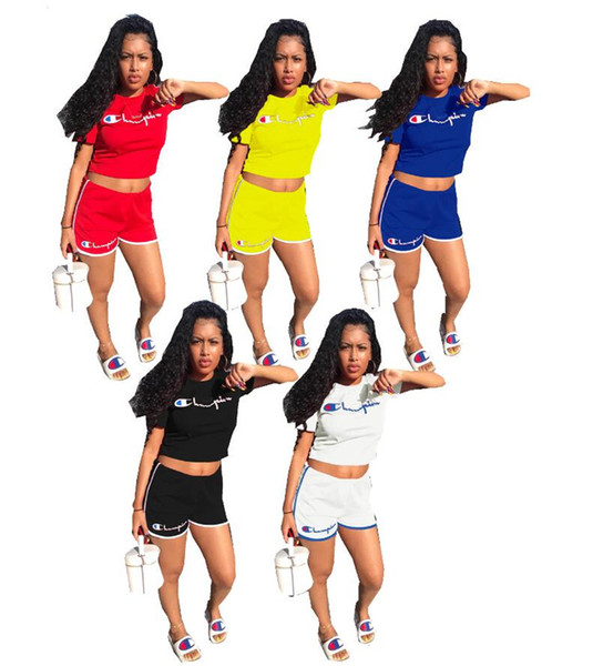 Women Champions Letter Short Sleeve T-shirt Crop Top + Shorts Pants Summer Tracksuit Jogger 2pcs Set Outfit Sportswear A31310