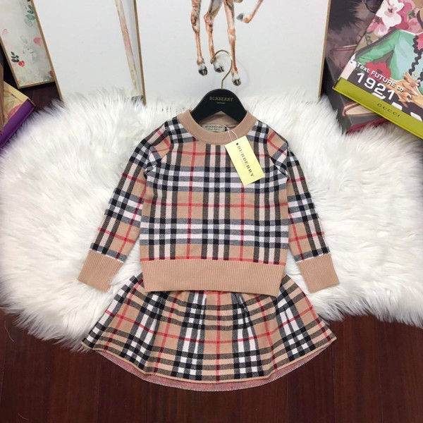 Two Piece Outfits Children Fashion Sweater Long Sleeve Round Neck Jacket + Solid Color Trousers Baby Twinset Kids Clothing Set Tutu Dress