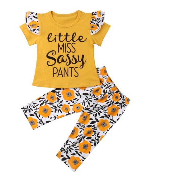 2019 new children girls clothes set Little miss sassy pants yellow flower short sleeve kids clothing t shirt+long pant outfit set