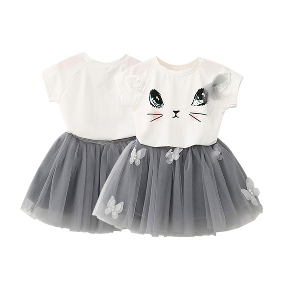 New Kids Girls Cat T-Shirts+Net Veil Tutu Skirt Short Sleeve Cartoon Kitten Printed Clothes Set
