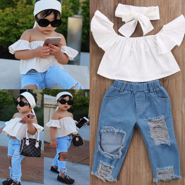 Summer Boutique Clothes kids suit three-piece suit Hole Jeans +Off Shoulder Top Shirt + Headband Suit For Toddler Kids Baby Girl
