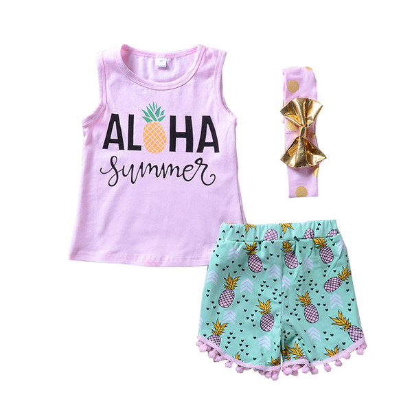 Kids Clothing Set Pineapple Print Girls Clothes Toddler Outfits Fashion Summer Tshirt Shorts Headband Boutique Children Suits