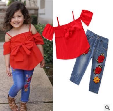 Girls Summer Outfits Set 2018 Summer 2pcs Clothes Off Shoulder Bow Tops Shirt Embroidered Pants Jeans Kids Toddler Infant Clothing 1-5Y