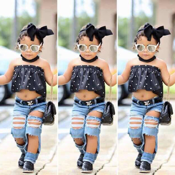 Baby Girl Clothes Sets Kids Girls Summer Off Shoulder Tops T-shirt+Hole Jeans+Hairband Jeans Clothes
