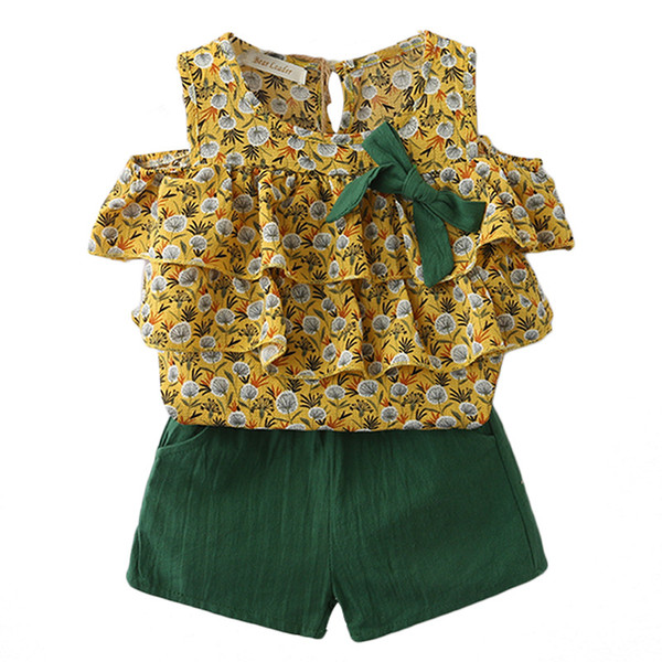 2019 new girls dandelion chiffon cake off-the-shoulder girlT shirt + cotton and linen shorts kids two-piece suit