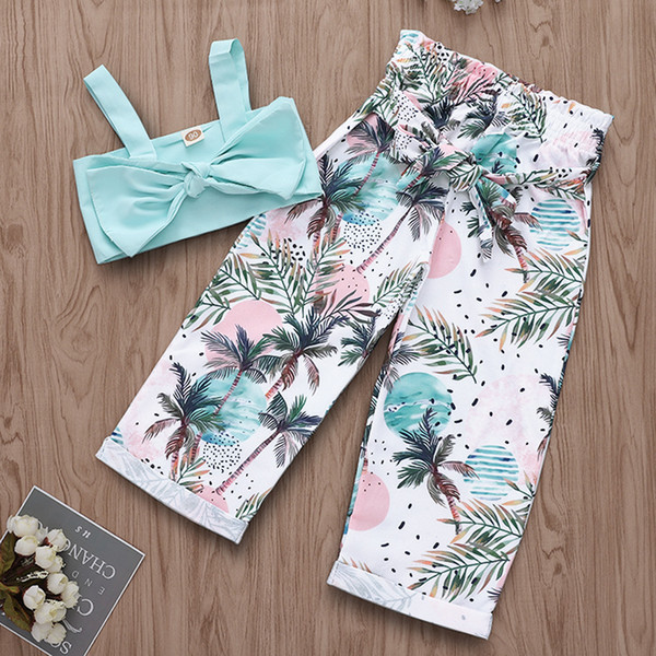 Summer Toddler kids clothing Girls Bowknow Tank Tops+Floral Wide Leg Pant Trouser 2PCS Outfits baby girl clothes Set BY1000