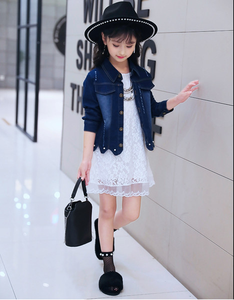 kids Sets 2019 New Style Spring And Autumn Kids Children Festival Girl Cowboy Coat, Lace Sexy Skirt Set.