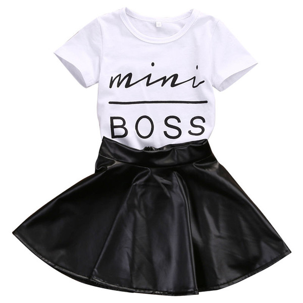 Fashion Girls Dress 2pcs Set Kids Summer Short Sleeve T-Shirt Leather Skirts Party Casual Outfits Clothes 1-6T