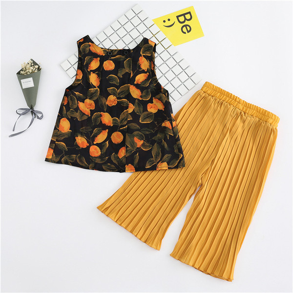 Children Girls summer chiffon 2pcs Clothing sets 2018 new Kids baby fruit Lemon printed vest Tanktop + pleated wide leg pants