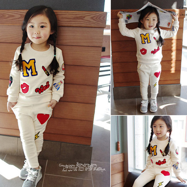 2018 Spring autumn M badges girls clothing set floral kids suit set casual two-piece sport suit for girl tracksuit children clothing