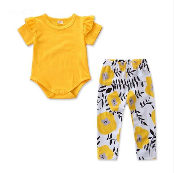 Baby Girls Outfits Ruffle Girl Rompers Floral Pants 2pcs Sets Short Sleeve Girls Clothes Set Summer Kids Clothing Wholesale DHW2914