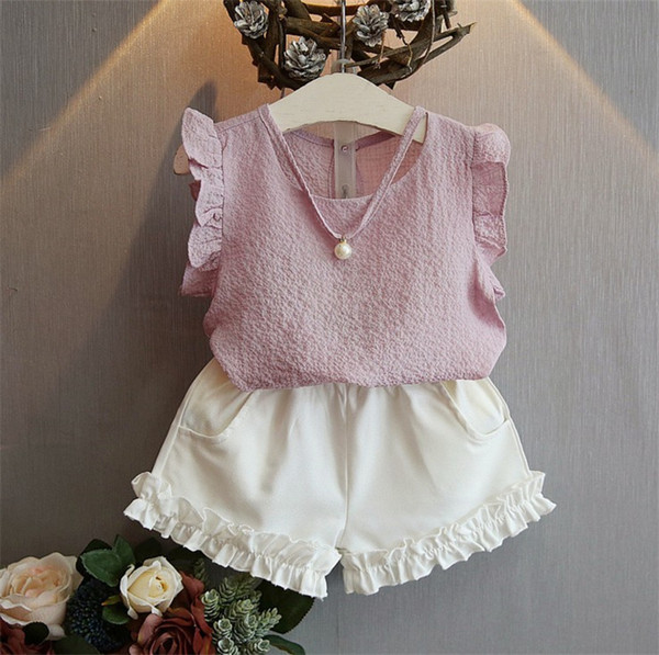 Girls Summer Set of Two Flying Sleeve Chiffon Set Summer Sleeveless T-Shirt + Shorts Two Girls Clothes2 color free shipping