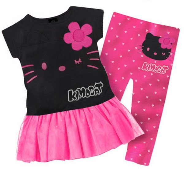 1 Set Retail 2015 New 100% cotton kids clothing set, T-shirt+pant, hello kitty children set, 2 colors available