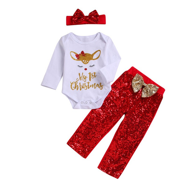 Baby Girl Deer Sequins Clothes Set Xmas Newborn Girls White Romper+Red Bow Pants with headband 3pcs/set Autumn Boutique kids Clothing Sets