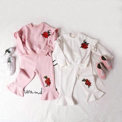 2019 New Spring Item Girl Fashion Suit Including Top+Flare Pant 2pcs Per Set Embroidery Rose Design