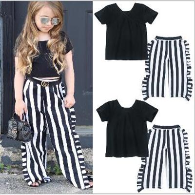 girl's round collar T-shirt striped skirt two pieces 2018 new arrival The sweet wind of the idyllic black Princess Synthetic fiber blend