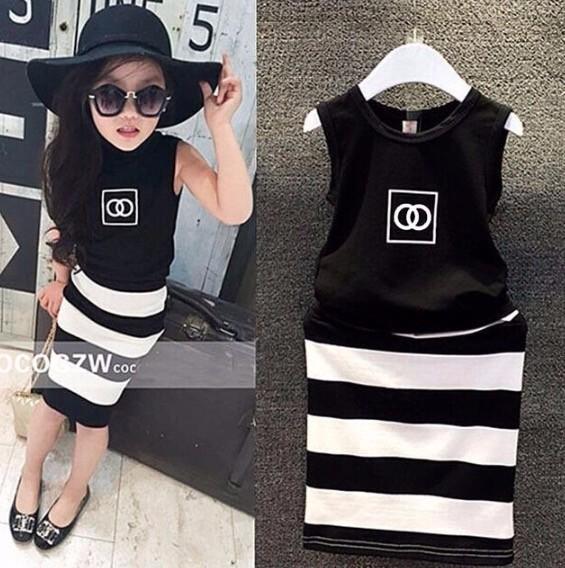 New Pattern Fashion Movement Summer Dress Girls Clothes Baby Black And White Striped Dress Children Clothing
