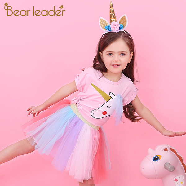 Girl Dress 2018 New Summer Casual Style Cartoon Unicorn T-Shirts+Colorful Veil Dress 2Pcs for Girls Clothes 2-6Years