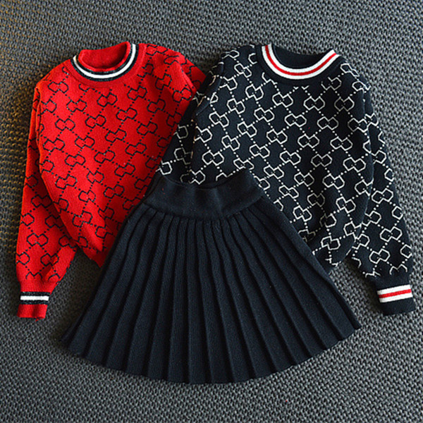 Spring&Autumn Full Print Pattern Baby Girls Knitted Sweater Top+Black Skirt Kids Clothing Set for Girls Brands Red Clothes Set