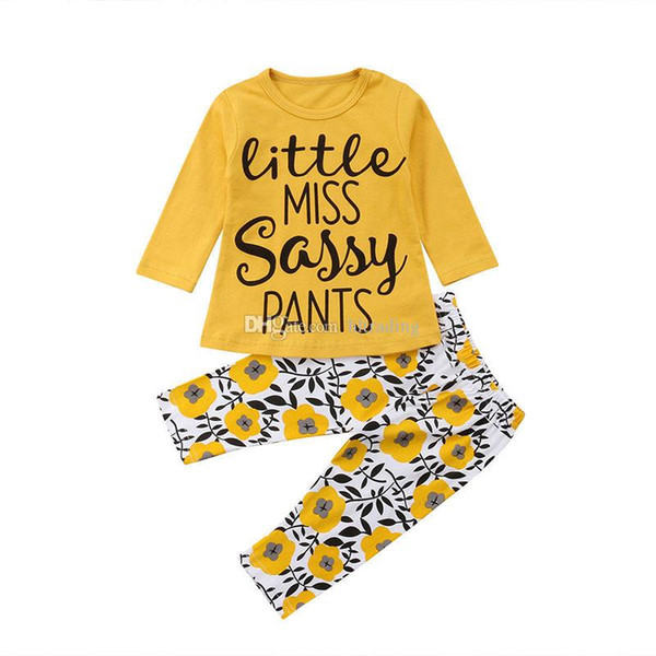 Baby girls Yellowe Flower print outfits Children letter tops+Pants 2pcs/set 2019 Spring Autumn fashion kids Clothing Sets C6095