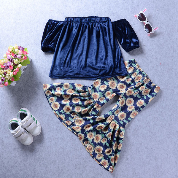 New Baby Girl Off Shoulder Velvet Top + Sunflower Bellbottoms 2pcs set Oufit Kids Girls Clothing Toddler Fashion Boutique Costume 1-6T