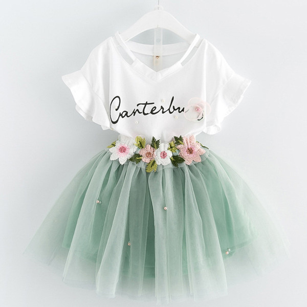 Baby Princess Dress Girl Dress Children Clothes Set Kids Flower Embroidery Short T-shirt + Floral Volie Skirts Dress 2pcs Clothing Sets 3-7Y