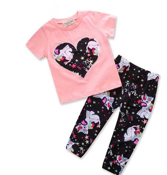 Cotton Baby Girls Unicorn pink T-shirts and Pants clothing sets for 70-100cm baby girls summer outfits