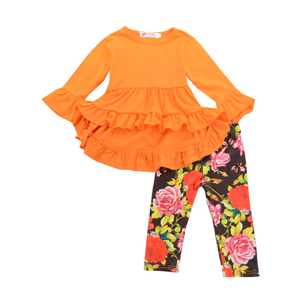 2019 Free Shipping New Orange Long Sleeve Top + Floral Pants Boho Children's Suit Clothes Fashion Casual Clothes