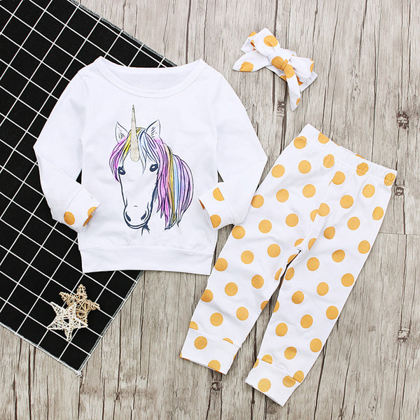 Spring and Autumn White Long Sleeve Unicorn Shirt + Yellow Polka Dot Trousers + Polka Dot Headband Female Children's Suit