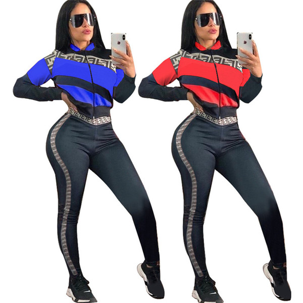Striped Jacket+ Pants Tracksuit 2019 Designer Letter Print Long Sleeve Outfits Women Trandy Brand Club Wear Sports Suit Joggers Set B21505