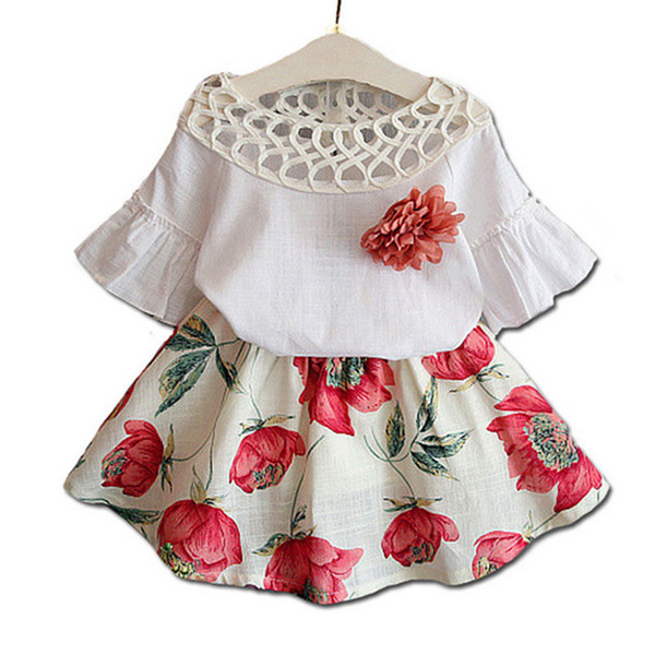 Girls Clothing Sets 2017 Summer Fashion Style New Girls Clothing Sets Kids Wear Flower + Skirts Children Simple Suits Clothes