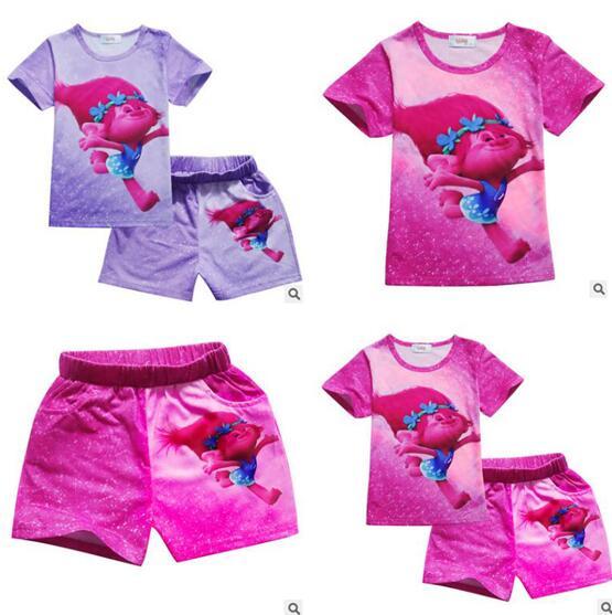 Childrens Clothing Summer Girls Clothing Set Trolls T-shirt Top+Pants For Baby Girls Poppy Costume Cotton Tees Children 2017 Kids Clothing