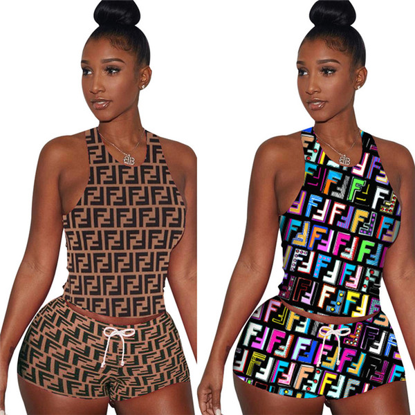 Women F Letter Camisole Sets summer sleeveless T-Shirt + shorts tracksuit Sweatsuit sleeveless clothes shorts 2 Piece/Set Sportswear A3191