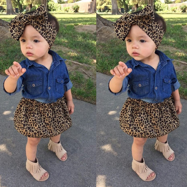 Baby Kids Clothing Set Cute Baby Girls Clothes Sets SummerToddler Kids Denim Tops+Leopard Culotte Skirt Outfits 3PCS Clothing Set