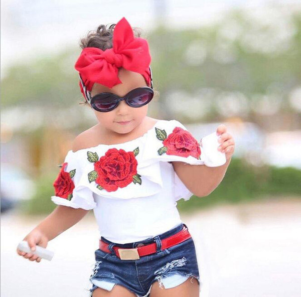 Young children's clothes baby girl clothes summer sleeveless flower tops jeans denim hot short dress girls set