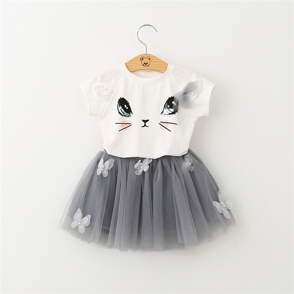 Baby Girl Clothes 3-8T Girls Summer Clothing Sets Cute Cat T-shirt Butterfly TUTU Skirt 2 pieces/set Girls Dresses Kids Clothing LA737