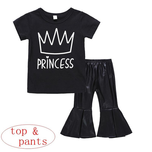 Girl crown print 2pcs set Summer cotton black tops & Baby pu leather bell-bottom trousers princess letter print 1-5T
