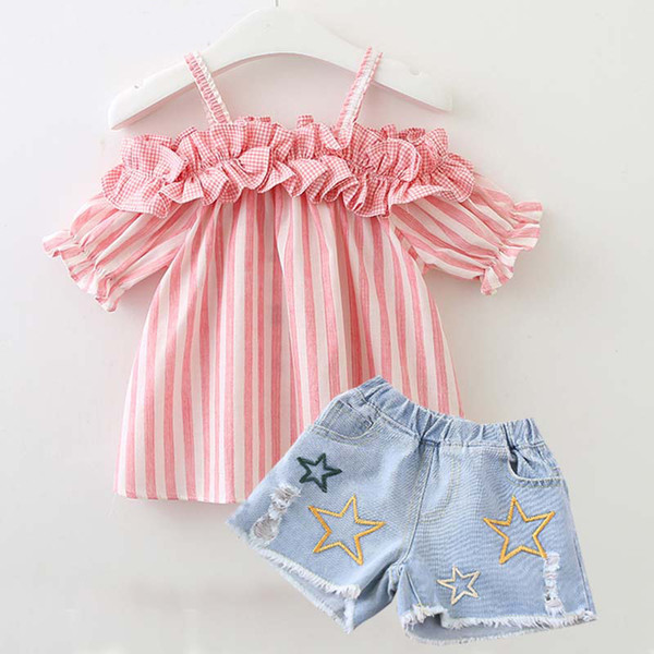 Europe and the United States new 2019 summer girl's suit T-shirt and jeans children's two-piece suit kid's clothing sets