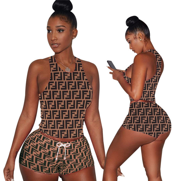 Women F Letter Camisole Sets summer sleeveless T-Shirt + shorts tracksuit Sweatsuit outfit clothes shorts 2 Piece/Set Sportswear A3191
