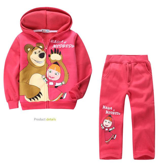 new! Retail children clothing set, Baby Girls Masha Bear Warm Suit, hoody jacket+pants cartoon clothes kids sportswear