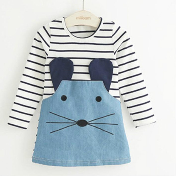 Striped Patchwork Character Girl Dresses Long Sleeve Cute Mouse Children Clothing Kids Girls Dress Denim Kids Clothes
