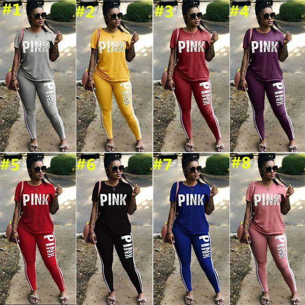 Pink Letter Tracksuit Jogger Outfit Love Pink Short Sleeve T Shirt Tops + Pants Leggings 2pcs Set Casual Sportswear Girls Suit Clothes