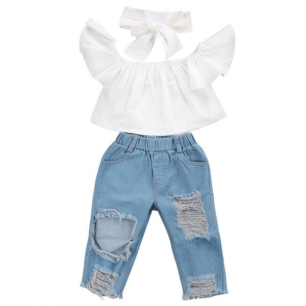 2017 New Fashion Children Girls Clothes Off shoulder Crop Tops White+ Hole Denim Pant Jean Headband 3PCS Toddler Kids Clothing